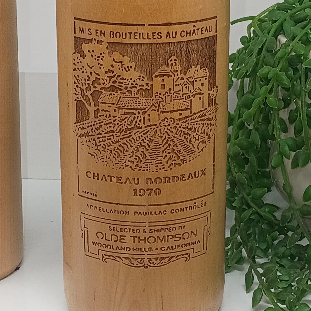 Vintage Chateau Bordeaux 1970 Wooden Wine Bottle Salt & Pepper Mill Set of 2 Eng